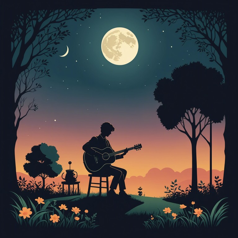 An evocative composition that uses sultry tones of a classical guitar to transport listeners to a serene, moonlit escapade. The music layers soft plucks with gentle sweeping sounds creating an atmosphere of intimate whispers and subtle confessions under the starry sky.