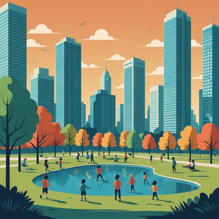 A lively track that captures the essence of children playing and having fun in a city park, with sounds that echo youthful energy and urban vibes. The music combines playful rhythms with cityscape ambiances to evoke a sense of joy and playfulness.