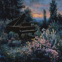 gentle piano evokes twilight in tranquil garden.