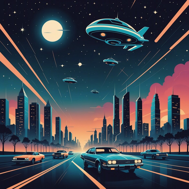 This alternative description maintains the focus on a nostalgic journey through a soundscape filled with vintage electronic elements, reviving the vibrant ethos of the 1980s with a modern twist, with compositions that spellbind the listener, akin to a joyride in a neon decorated cityscape from the future.