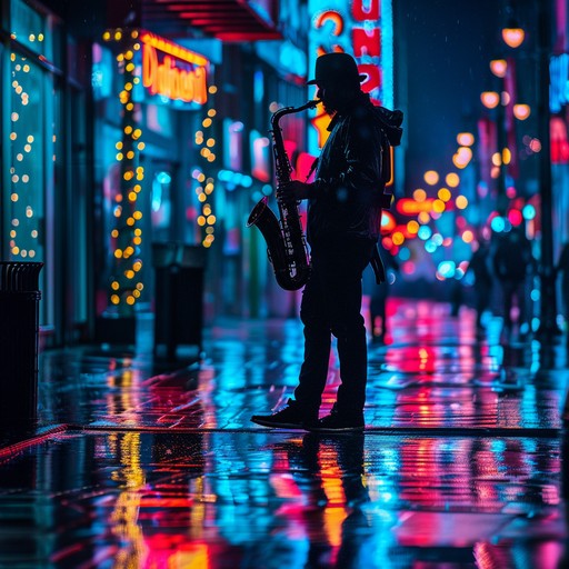 Imagine neon lit streets softly bathed in rain as tender saxophone melodies intertwine with smooth, chill jack swing rhythms, creating a reflective and soothing soundscape. This track uses gentle dynamics to evoke a sense of calm introspection amidst an urban setting