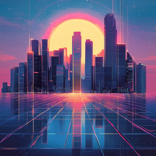 A high energy electronica piece that fuses bright, shimmering synth melodies with driving bass lines and dynamic rhythms, capturing the essence of a bustling, neon lit metropolis at sunrise