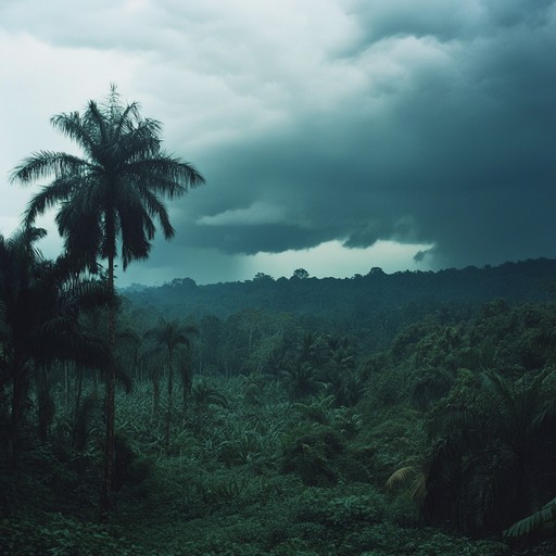 Immerse in a tense tropical forest, with rhythmic bongos and haunting synths under looming storm clouds, evoking both beauty and danger.