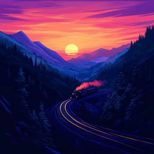 An instrumental bluegrass track featuring rapid banjo melodies intertwining with fiddle and mandolin, depicting the exhilarating rush of a runaway train speeding through mountain landscapes.