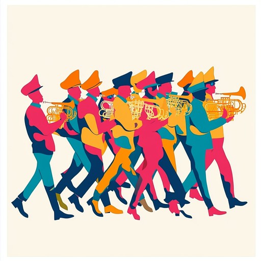 Create an energetic instrumental track combining military marching band elements with the infectious rhythms and grooves of funk. This piece should feature a robust brass section, snappy snare drums, and syncopated bass lines, evoking the atmosphere of a vibrant parade. Imagine disciplined military precision blending seamlessly with funky, danceable beats.