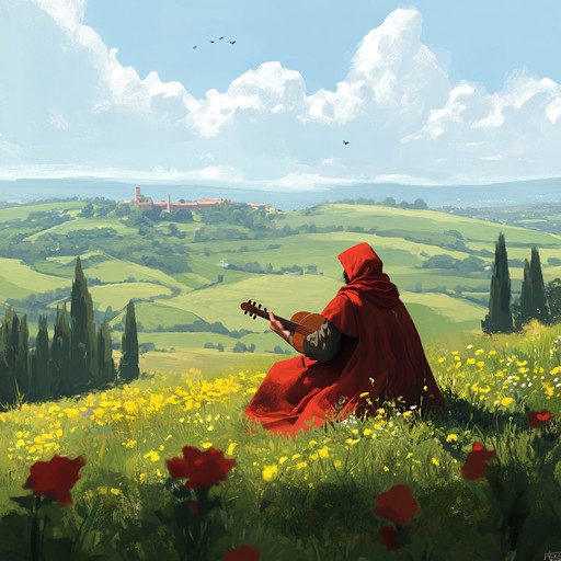 An uplifting troubadour composition featuring euphoric melodies, celebrating love, and adventure through melodic tales. It combines medieval lutes and modern elements to create an epic, uplifting journey.