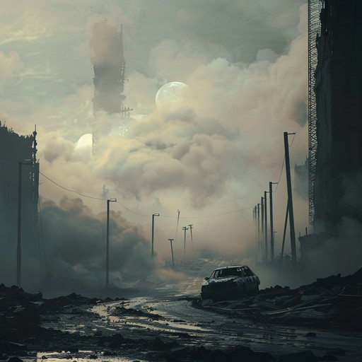 The heavy, distorted guitar riffs and pounding trap beats create an intense and ominous atmosphere, evoking images of a desolate, ruined landscape. The occasional electronic glitches and eerie sound effects add to the unsettling ambiance, making the listener feel as though they are wandering through the ruins of a once-thriving civilization.