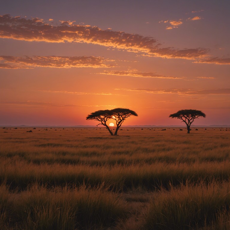 Imagine a soothing, melodious track that encapsulates the serene beauty and majestic calmness of the african serengeti at sunset. The song combines traditional afrobeat rhythms with ambient influences to create a tranquil soundscape, perfect for relaxation or reflective moments.