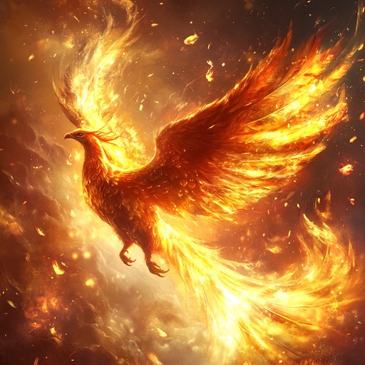 A powerful and dramatic instrumental capturing the essence of a phoenix rising from the ashes, blending soaring strings with thunderous percussion to evoke a journey of transformation and resurgence