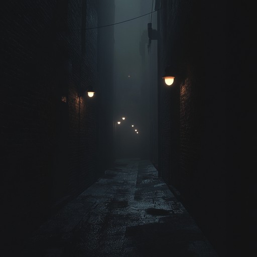 This suspenseful piece uses eerie synths and ominous percussion to create an atmosphere of creeping dread, as if threading through a dark alley where something sinister awaits around every corner.