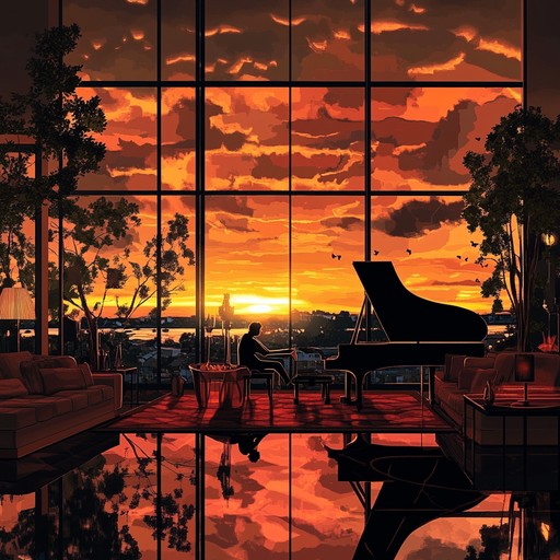 Dive into the heartwarming charm of a sunset lounge where the piano serenades with a romantic and joyful melody. The atmosphere is filled with happiness and warmth, ideal for unwinding and feeling the love in the air.