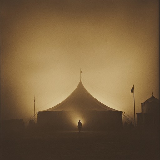 In a dimly lit circus tent, the distant echoes of laughter mix with the subtle creak of old wooden chairs under a ghostly spotlight. The music embodies the eerie stillness of an abandoned circus where the cheerful past twists into something darker.