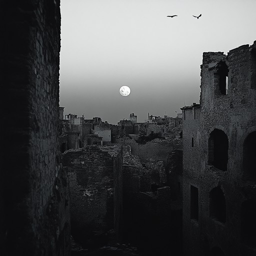 Imagine traversing an abandoned, decaying cityscape where the echoes of a once thriving metropolis linger. The piece uses haunting string arrangements, dissonant piano chords, and minimalistic percussion to evoke the grit and decay of urban ruins, creating an atmosphere of eerie beauty and melancholic nostalgia.