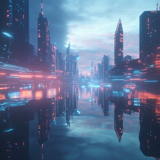 Immerse yourself in a futuristic nocturnal cityscape with holographic reflections through soothing ambient sounds and gentle electronic rhythms, perfect for quiet reflections.