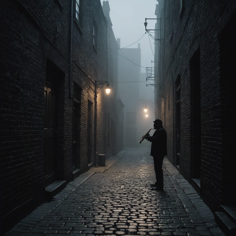 In the heart of an abandoned cityscape under a full moon, a lone saxophone tells tales of forgotten jazz legends, echoing through misty alleys where stories of the past linger like phantoms. The piece blends mystery with soulful jazz, inviting listeners into a realm of intrigue and seductive soundscapes