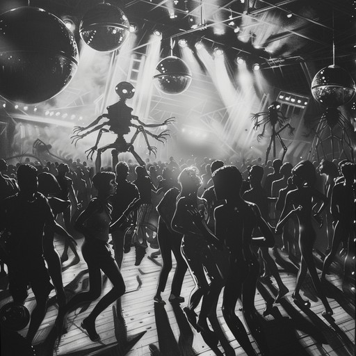 Imagine a crowded nightclub dancefloor suddenly being invaded by extraterrestrial beings. The track starts with an ominous atmospheric intro, building suspense with eerie sound effects and distant, echoing synths. Suddenly, a massive wobble bassline drops in, shaking the walls and sending the crowd into a frenzy. Glitchy, robotic sound effects and laser-like synths create a chaotic, otherworldly atmosphere, as if the aliens are engaging in a strange, frenzied dance ritual. The track ebbs and flows between intense, high-energy drops and more suspenseful, atmospheric breakdowns, keeping the listener on edge and fully immersed in the alien invasion experience