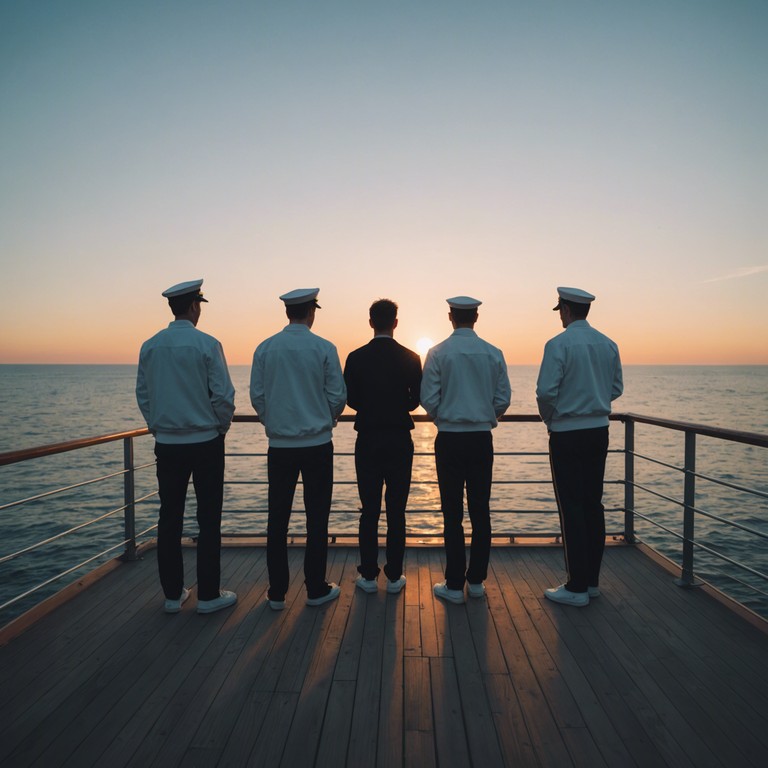 Imagine an energizing brass march playing as the first light of dawn touches the deck of a russian naval ship, sailors lined up, their spirits as high as the rising sun, a musical representation of honor and unity in the naval forces.