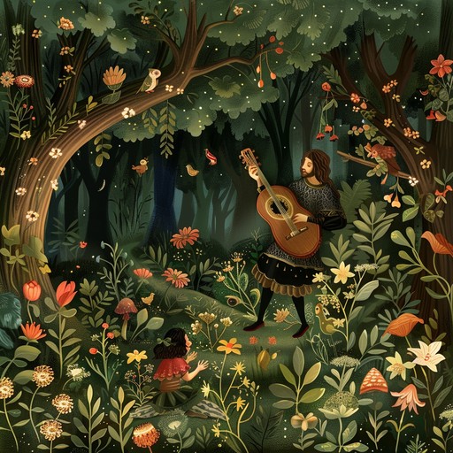 An energetic and whimsical lute driven composition, evoking the spirit of troubadours telling ancient folklore tales in an enchanted forest setting