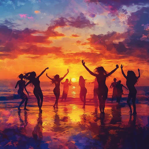 Feel the warmth of the setting sun as you dance to the cheerful, rhythmic beats of bossa nova, encapsulating the essence of a tropical seaside celebration with friends.