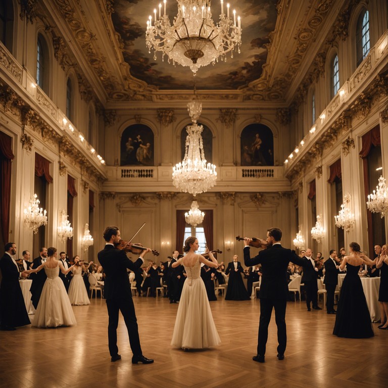 Step inside a lavish viennese ballroom where the grandeur of old world charm meets the exhilarating joy of dance. The sophisticated sounds of a solo violin playing a spirited waltz invite a sense of elation and nostalgia, evoking images of swirling gowns and dapper suits dancing through the night.