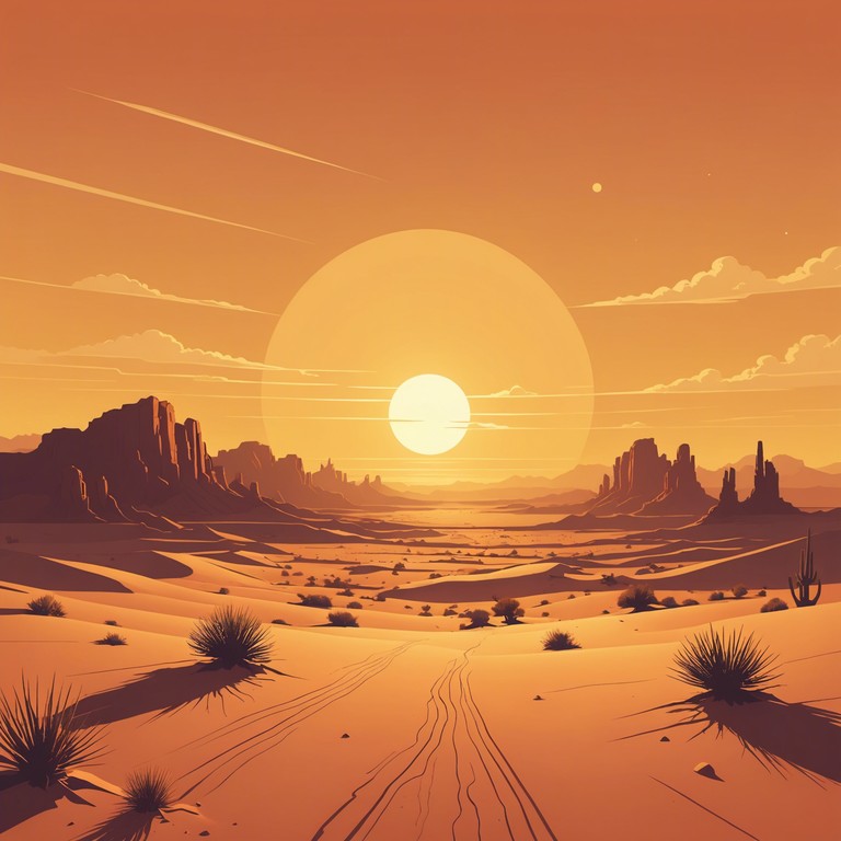 This track encapsulates the serene and vast ambiance of a desert at sunset, featuring gentle guitar melodies that mimic the peaceful and slow setting of the sun behind distant mesas. Soft percussion elements subtly enhance the feel of a relaxing evening under a wide, orange sky.