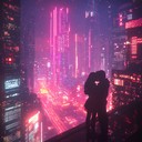 a futuristic romance blooming amidst neon lit skyscrapers.