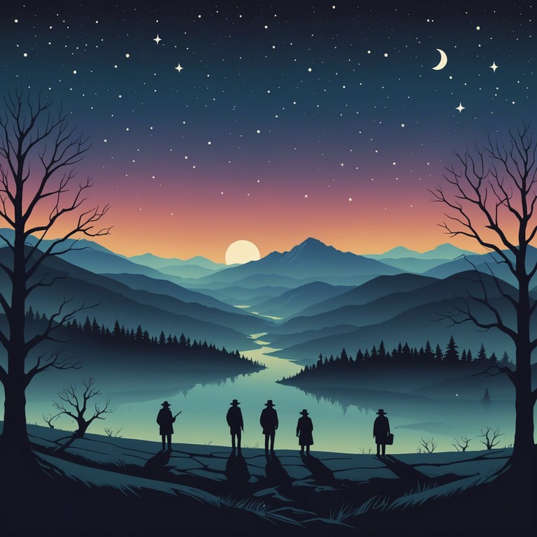 As night falls over the appalachian mountains, the echo of banjos and fiddles fills the air, playing a melody that dances between charming bluegrass and an unsettling ghostly aura. The stark contrast between the natural beauty of the landscape and the haunting music creates a bewitching ambiance, perfect for a nighttime journey through folklore and fear.