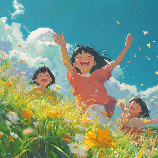 An energetic and playful anime song full of joy and happiness, featuring whimsical melodies and upbeat rhythms that create a delightful aural adventure perfect for a fun, carefree day.