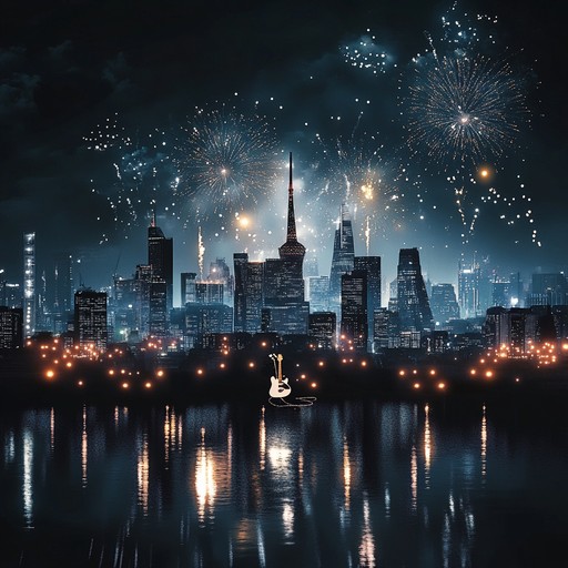 A lively symphonic rock piece blending orchestral grandeur with electric guitars, featuring energetic tempo changes, powerful brass sections, and intricate drum patterns that evoke the grandeur of a fireworks show over a city skyline, creating an epic musical tapestry that is both uplifting and awe inspiring.