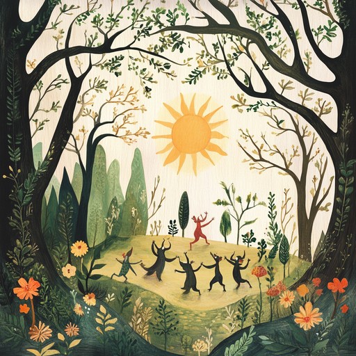 An uplifting instrumental freak folk piece featuring lively acoustic guitar and playful percussion, evoking the joy of exploring an enchanted forest filled with wonder and whimsy.