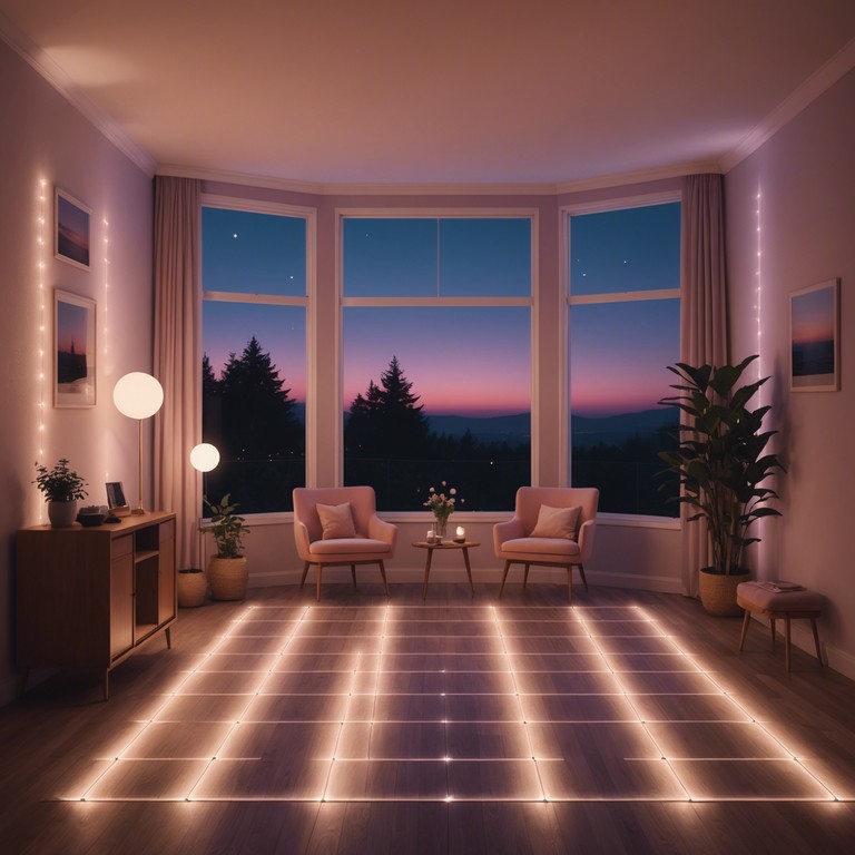 Imagine a late evening where the sky meets twilights and the disco lights start to spin. The music features an electric piano playing soft melodies that invite quiet contemplation amidst the groovy backdrop of a disco setting.