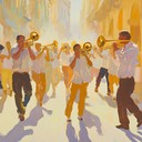 cheerful dance rhythms with lively brass and piano