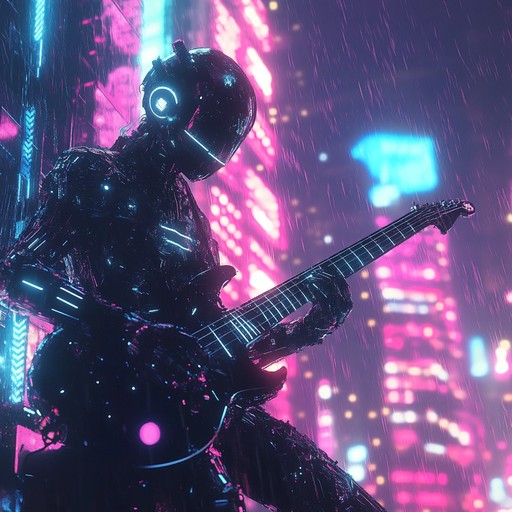 An instrumental track that blends aggressive metal guitar riffs with futuristic electronic beats and hip hop grooves, creating an intense and innovative sonic experience reflecting urban dystopian themes.