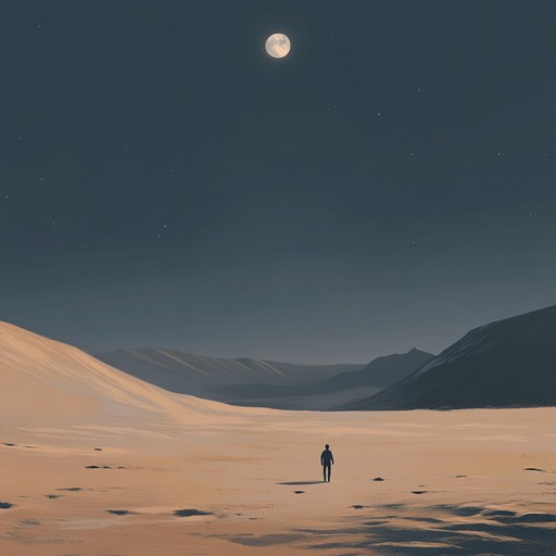 A deep and haunting soundscape with slow beats and ambient melodies, simulating a lone journey through a moonlit desert, filled with echoing sounds and a sense of serene solitude.