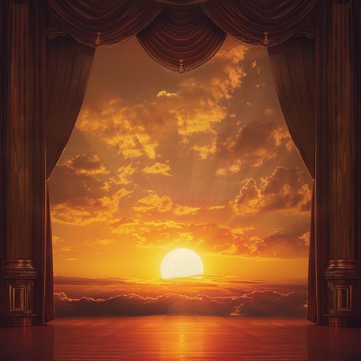 The track begins with a subtle prelude mimicking the quiet of early dawn, slowly transitioning into a powerful orchestral burst that captures the grandeur and awe of a theatrical sunrise. Brimming with vibrant string crescendos and punctuated by brass fanfares, the composition paints an auditory picture of light overcoming darkness, ideal for stage openings or dramatic scenes.