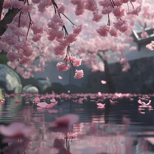 A delicate piano piece with gentle melodies evoking the bittersweet feeling of fleeting moments. Soft arpeggios and lingering notes create an atmosphere of quiet reflection, as if watching cherry blossoms float and fall in a tranquil garden.