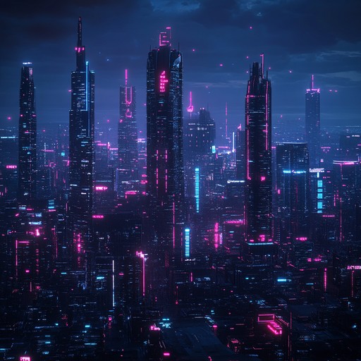 An instrumental track blending soaring synths and driving electronic beats to evoke inspiration and hope within a futuristic cyberpunk world illuminated by neon lights.