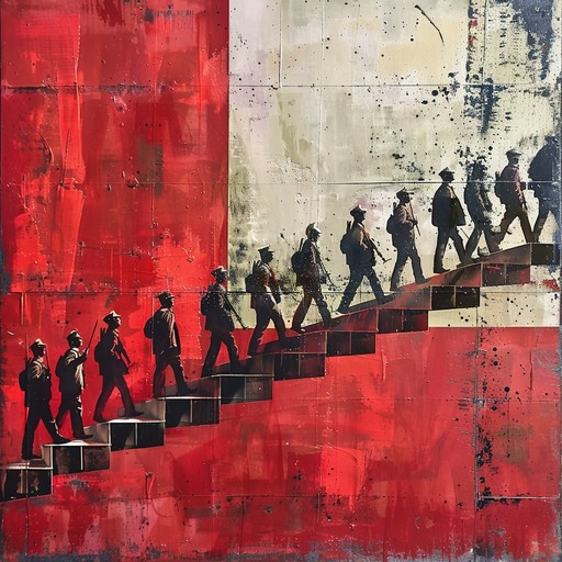 The sound of a military march with snare drums, trumpets, and a choir, building in intensity as it depicts an army advancing through the chaos of the battlefield, with explosions and gunfire in the background