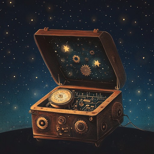 An instrumental piece that combines delicate, ethereal melodies with mechanical, glitchy sounds, creating a haunting and nostalgic atmosphere that evokes the feeling of lonely robots dreaming beneath the stars.