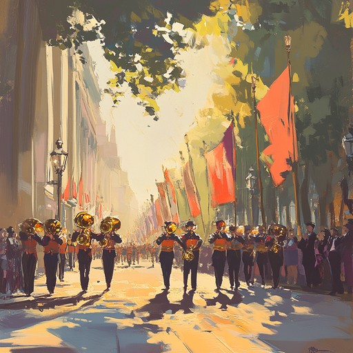 A lively and energetic composition filled with bright brass sections, stirring rhythms, and dynamic percussion that inspires feelings of pride and togetherness, celebrating a nation's heritage and spirit. Perfect for parades and patriotic events.