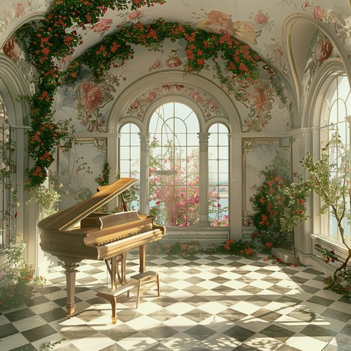 A delicate harpsichord melody intertwined with lush string arrangements, evoking the elegance and complexity of baroque gardens in a reflective, contemplative mood.