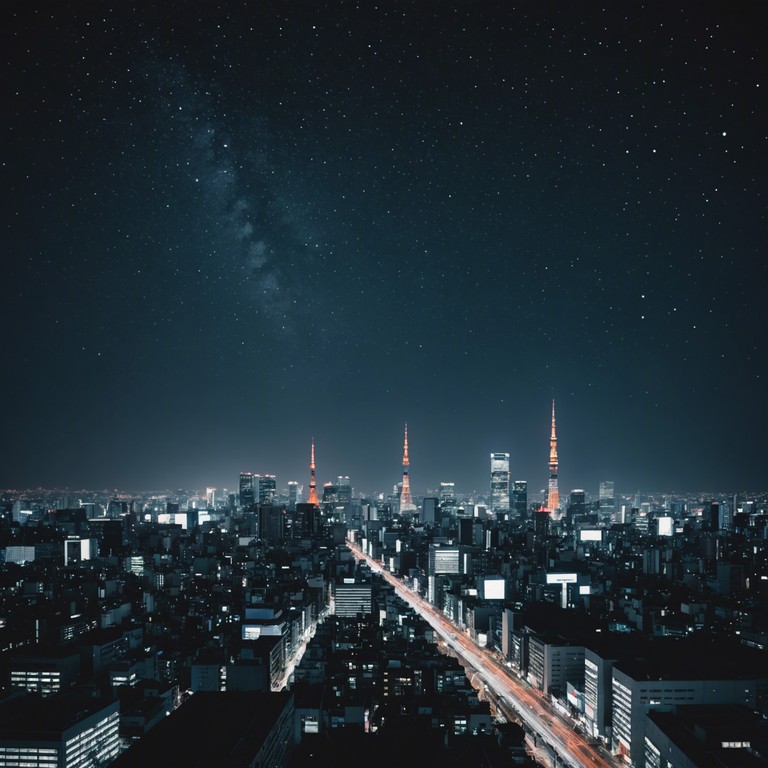 An evocative track capturing the essence of a starlit journey over tokyo, blending traditional tones with a whimsical, modern twist to deliver an ethereal experience. The music flows seamlessly, mirroring the tranquil yet vibrant tokyo night sky.