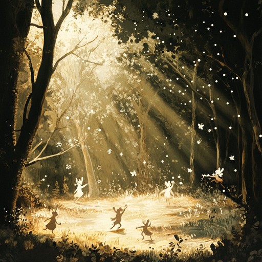 A vibrant and lively instrumental piece blending acoustic guitars, banjos, and eclectic percussion to create a whimsically twisted yet upbeat folk soundscape. The music captures the essence of a joyful, surreal forest celebration, filled with unexpected twists and turns, evoking a sense of childlike wonder and cheerfulness.