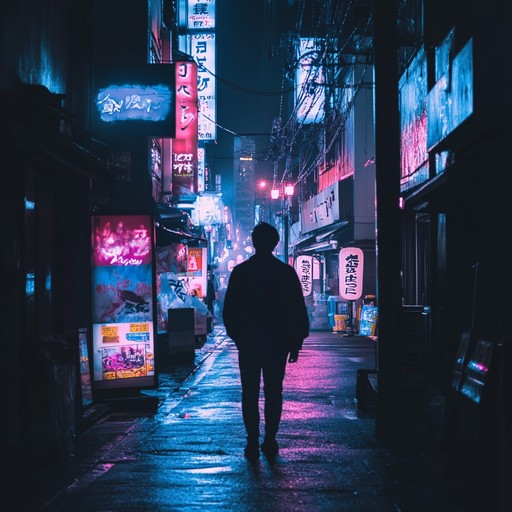 An instrumental j pop track with tense melodies and driving rhythms, capturing the anxiety and excitement of wandering a neon lit city at night.