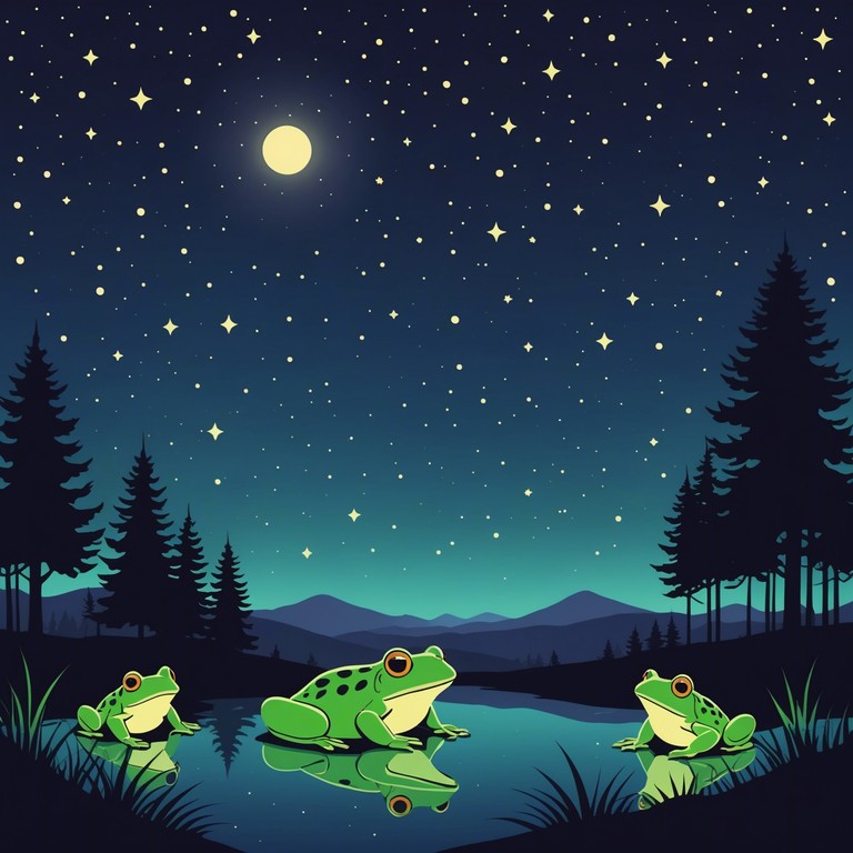 Imagine a whimsical scene where glowing, translucent frogs rhythmically hop around a small, serene pond beneath a starlit sky, emitting melodic croaks that resonate with the twinkling of the stars. This piece blends airy tones with light percussive sounds to evoke a sense of wonder and amusement.