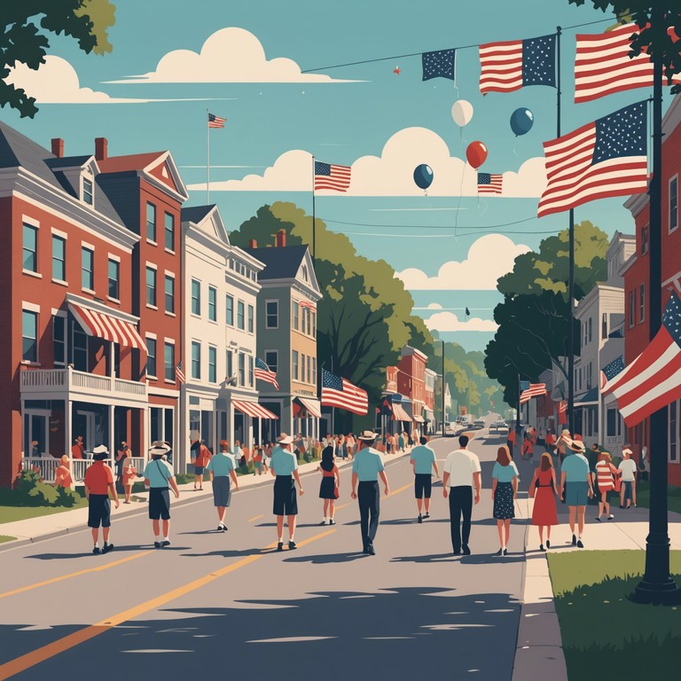 An upbeat, melodic tune that captures the essence of a sunny parade day in small town usa, suitable for festive and patriotic gatherings. Celebrate with the sound of joyful brass as if carried on a breeze, blending nostalgia with a sense of communal pride.