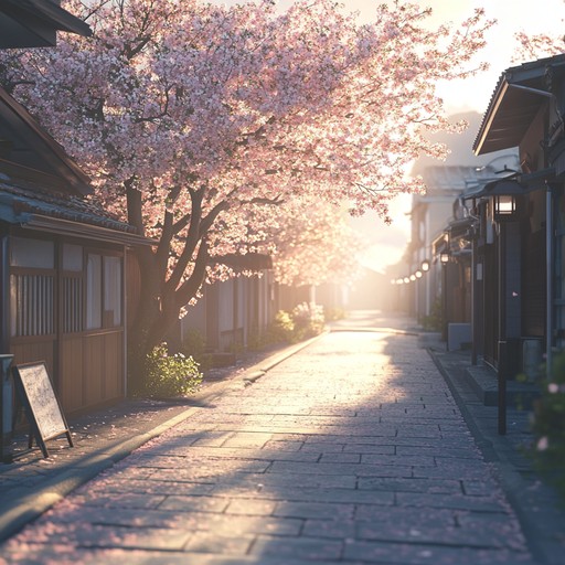 A gentle instrumental piece evoking the tranquility of a morning walk under cherry blossoms in an anime setting, featuring soft, heartwarming melodies that inspire peaceful contemplation and warm, fuzzy feelings.