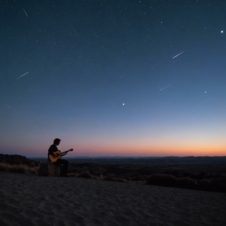 This track uses the evocative power of the acoustic guitar to deliver a folky, rhythmic stomping melody that resonates with the listener's deep seated yearnings and nostalgic feelings as twilight engulfs the sky. It's a musical reflection on longing and the serene beauty of the night.