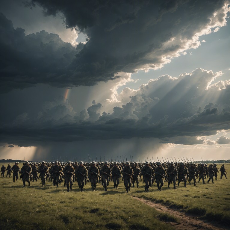 An instrumental track designed to embolden and inspire, featuring a powerful blend of traditional military cadence and contemporary symphonic elements, reflecting the timeless valor of soldiers. The composition resonates with the spirit of a historical march combined with modern orchestration, creating a sound that stretches from the battlefields of history to the contemporary semblances of bravery and honor.