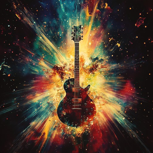 An instrumental piece that channels the powerful energy of glam rock into a cosmic journey, featuring dynamic electric guitar riffs, pulsating beats, and glittering synth lines that create an electrifying, glamorous soundscape.